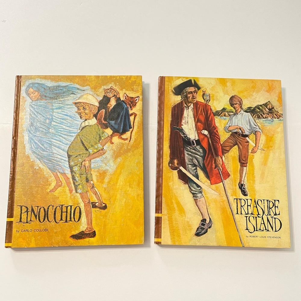 Lot of 2 Vintage Story Hardcover Books TREASURE ISLAND, Pinocchio